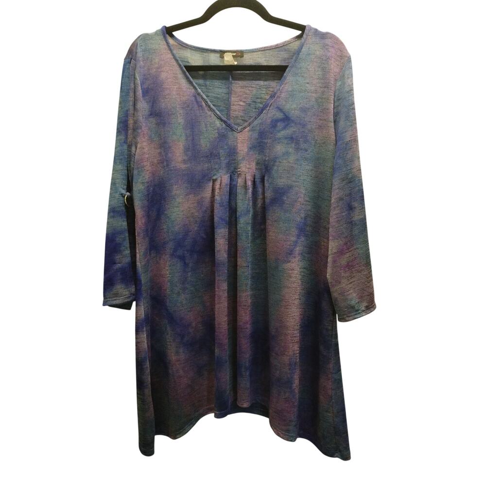 Cocomo Size Large Purple Blue Tie Dye V-Neck Slit Sleeves Slinky Tunic Top